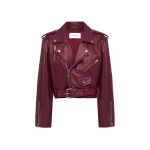 Alex Perry Cropped Biker Jacket in Leather, Cherry | Leather Jackets | Luxury Shoes 