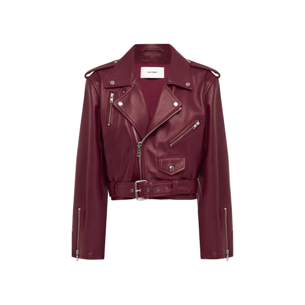 Cropped Biker Jacket in Leather, Cherry