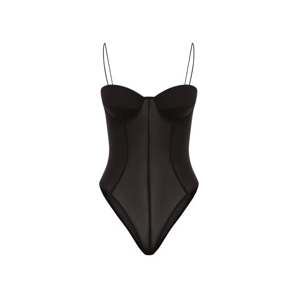 Cupped Bodysuit in Stretch Mesh, Black
