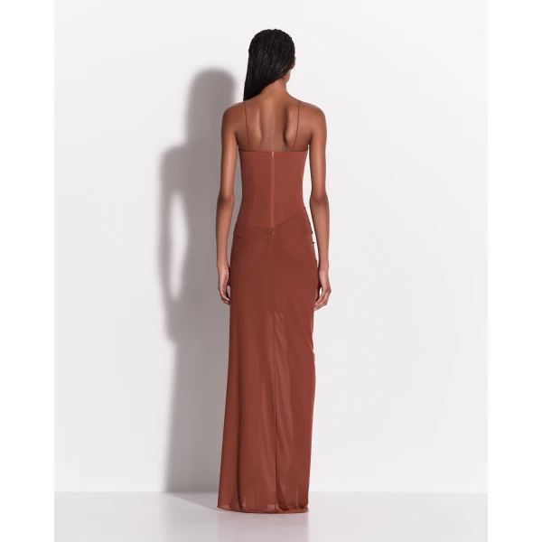 Alex Perry Cupped Drape Gown in Stretch Mesh, Toffee
