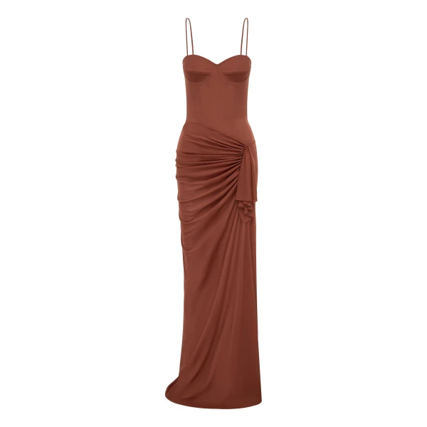 Cupped Drape Gown in Stretch Mesh, Toffee