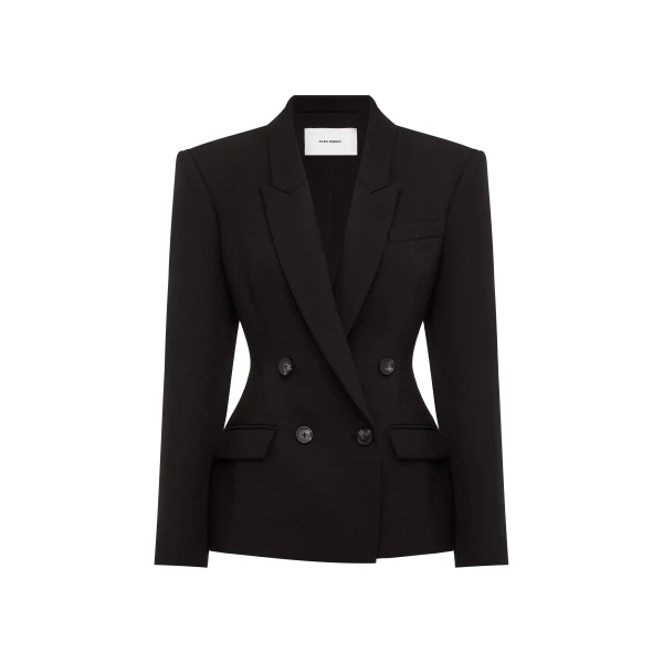 Double Breasted Fitted Blazer in Wool Suiting, Black