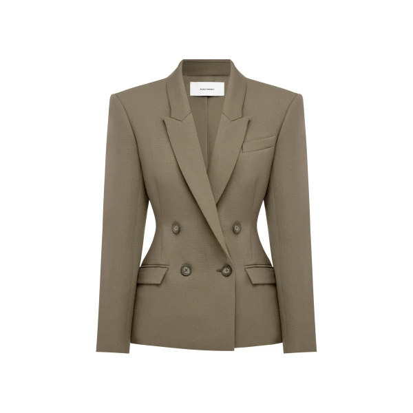 Double Breasted Fitted Blazer in Wool Suiting, Sage