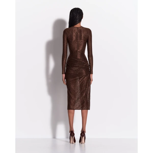 Alex Perry Long Sleeve Asymmetric Drape Dress in Leopard Lace, Brown