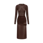 Alex Perry Long Sleeve Asymmetric Drape Dress in Leopard Lace, Brown | Midi Dresses | Luxury Shoes 
