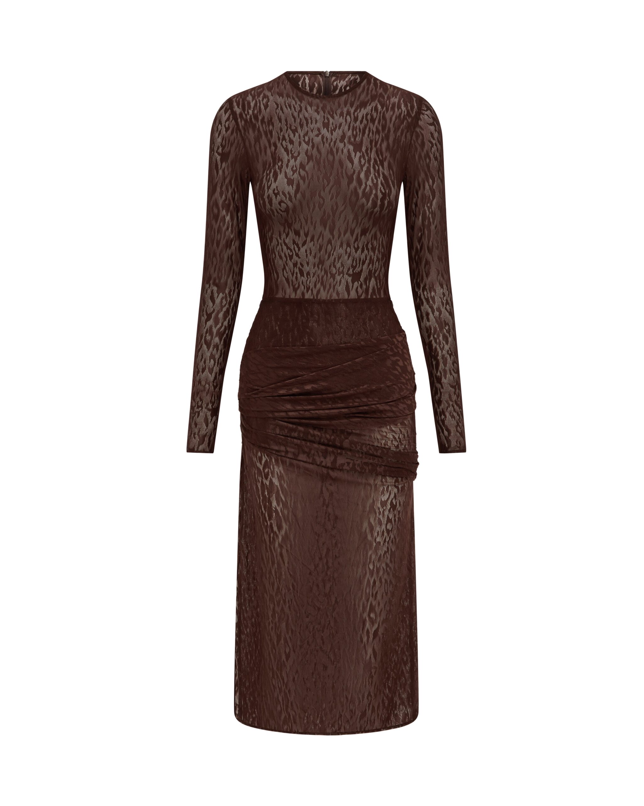 Alex Perry Long Sleeve Asymmetric Drape Dress in Leopard Lace, Brown Alex Perry Long Sleeve Asymmetric Drape Dress in Leopard Lace, Brown | Midi Dresses | Luxury Shoes