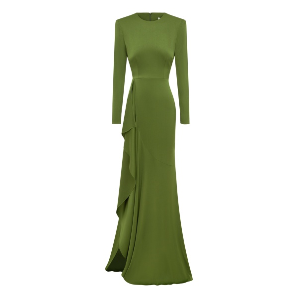 Alex Perry Long Sleeve Asymmetric Tiered Drape Gown in Satin Crepe, Fern | Evening Gowns | Luxury Shoes 