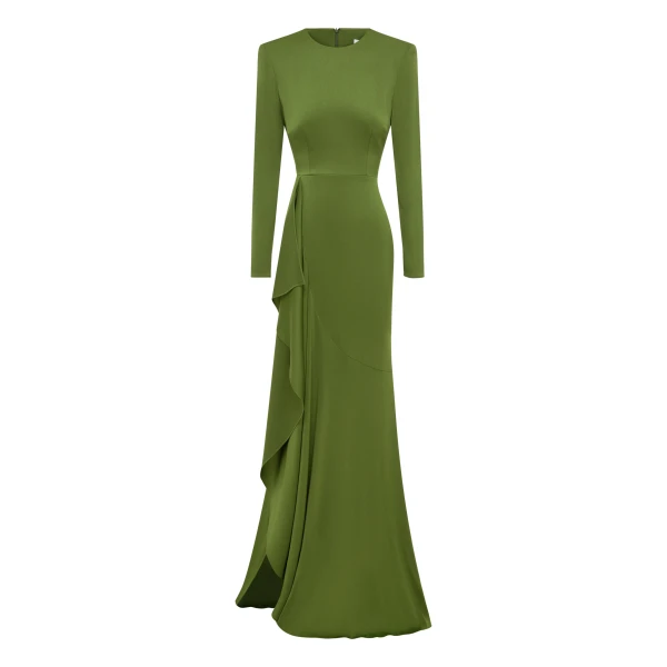 Long Sleeve Asymmetric Tiered Drape Gown in Satin Crepe, Fern