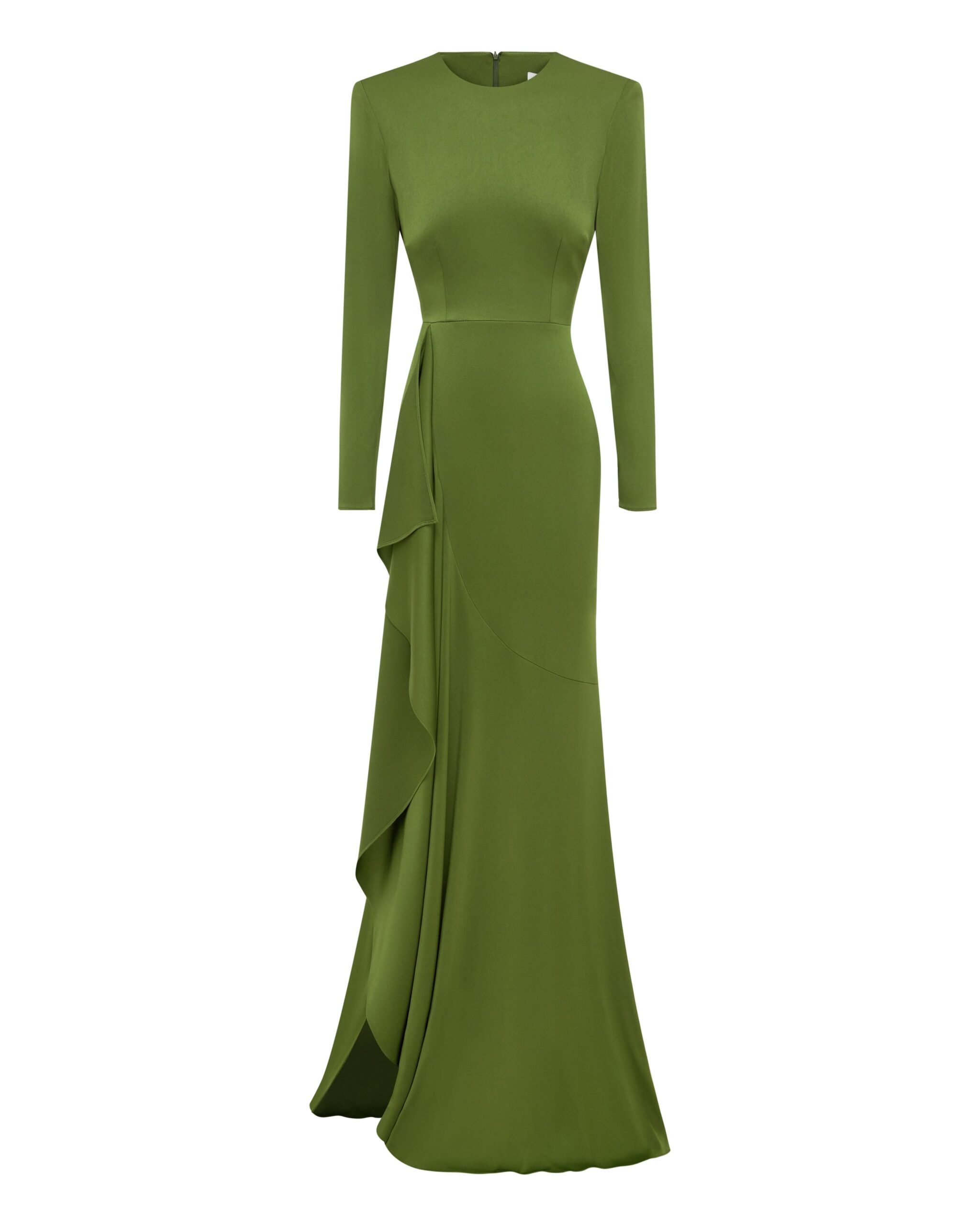 Alex Perry Long Sleeve Asymmetric Tiered Drape Gown in Satin Crepe, Fern Alex Perry Long Sleeve Asymmetric Tiered Drape Gown in Satin Crepe, Fern | Evening Gowns | Luxury Shoes