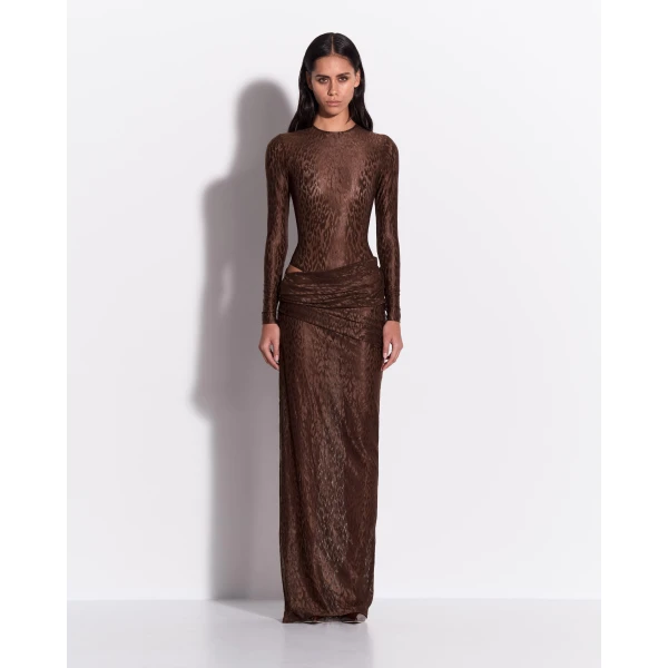 Alex Perry Long Sleeve Bodysuit in Leopard Lace, Brown