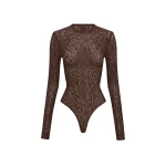 Alex Perry Long Sleeve Bodysuit in Leopard Lace, Brown | Bodysuit | Luxury Shoes 