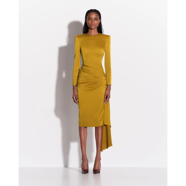 Alex Perry Long Sleeve Drape Dress in Satin Crepe, Gold
