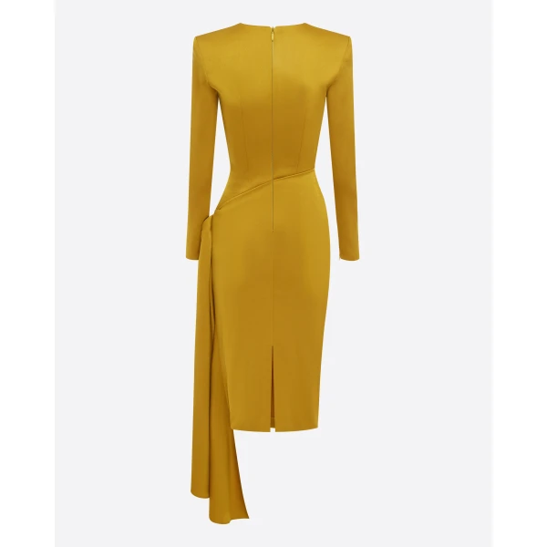 Alex Perry Long Sleeve Drape Dress in Satin Crepe, Gold