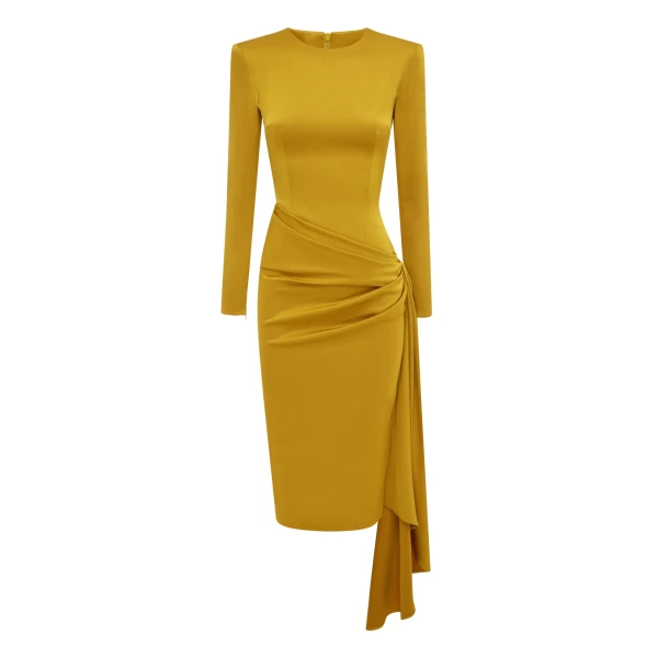 Long Sleeve Drape Dress in Satin Crepe, Gold