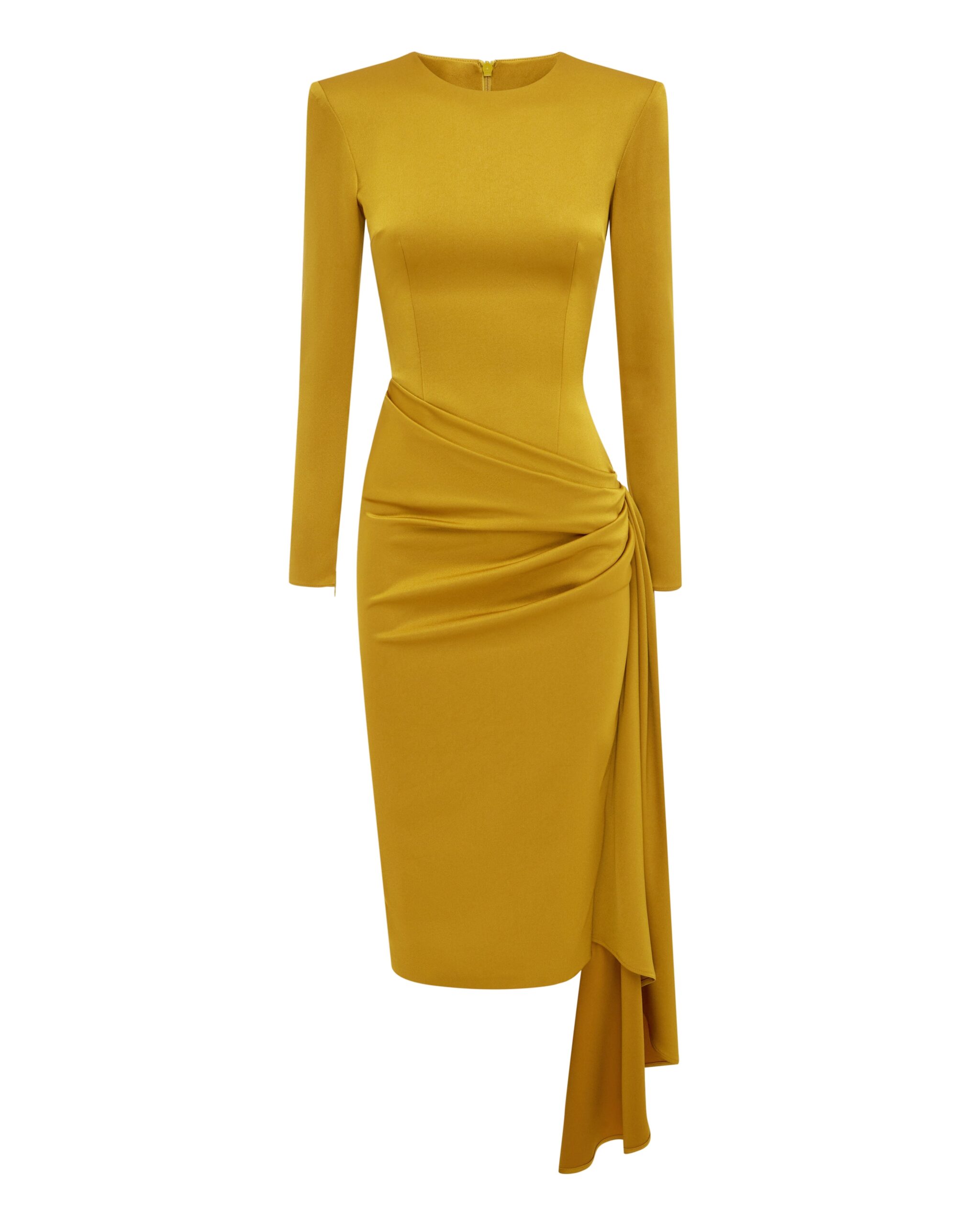 Alex Perry Long Sleeve Drape Dress in Satin Crepe, Gold Alex Perry Long Sleeve Drape Dress in Satin Crepe, Gold | Midi Dresses | Luxury Shoes