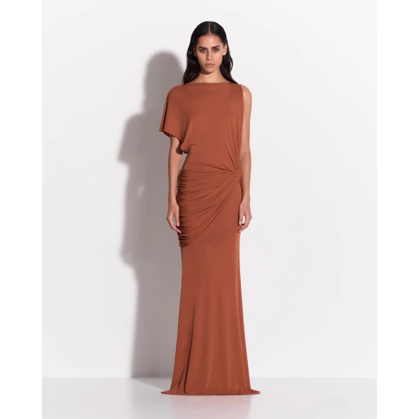 Alex Perry One Shoulder Cape Sleeve Twist Gown in Dry Jersey, Clay