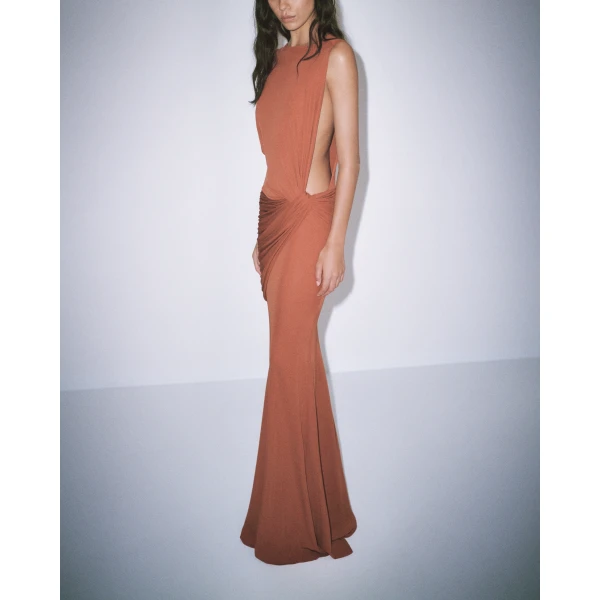 Alex Perry One Shoulder Cape Sleeve Twist Gown in Dry Jersey, Clay