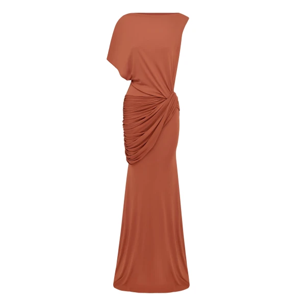 Alex Perry One Shoulder Cape Sleeve Twist Gown in Dry Jersey, Clay | Evening Gowns | Luxury Shoes 