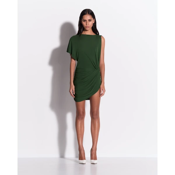 Alex Perry One Shoulder Cape Sleeve Twist Mini Dress in Dry Jersey, Forest Green