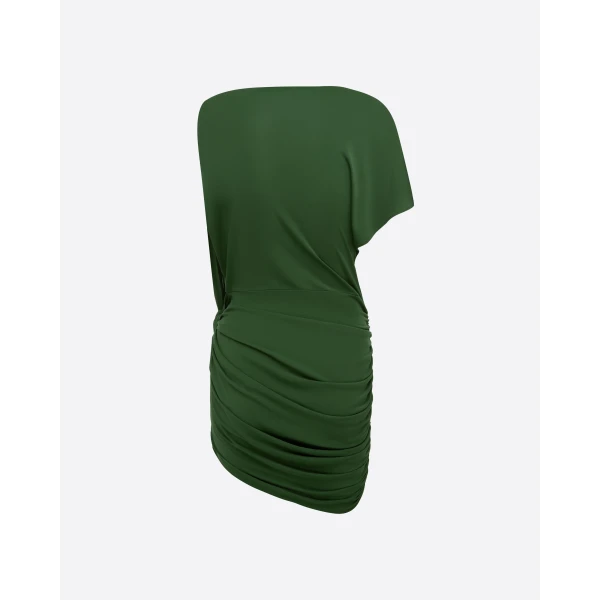 Alex Perry One Shoulder Cape Sleeve Twist Mini Dress in Dry Jersey, Forest Green