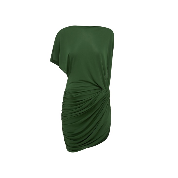 Alex Perry One Shoulder Cape Sleeve Twist Mini Dress in Dry Jersey, Forest Green | Mini Dresses | Luxury Shoes 