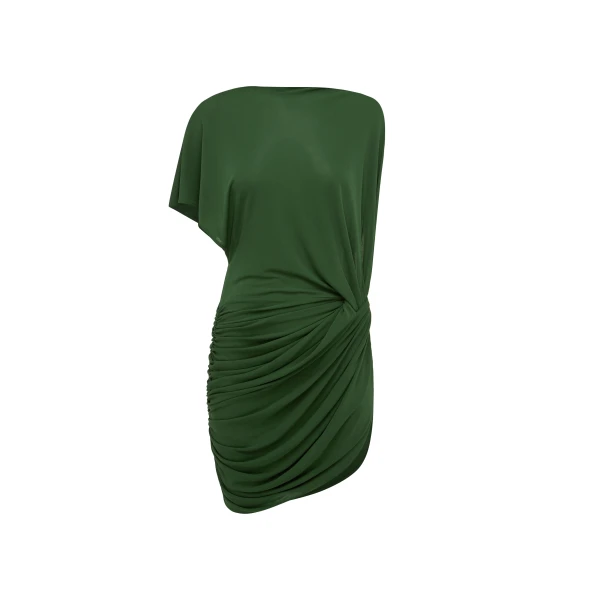 One Shoulder Cape Sleeve Twist Mini Dress in Dry Jersey, Forest Green