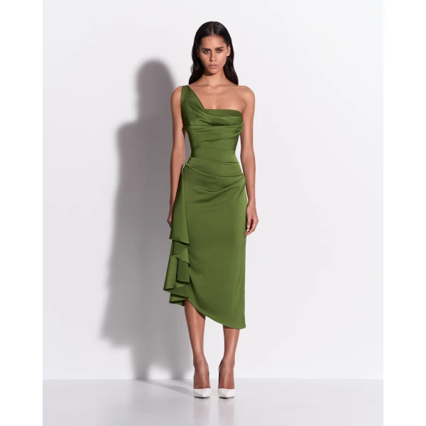 Alex Perry One Shoulder Drape Dress in Satin Crepe, Fern