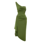 Alex Perry One Shoulder Drape Dress in Satin Crepe, Fern | Midi Dresses | Luxury Shoes 