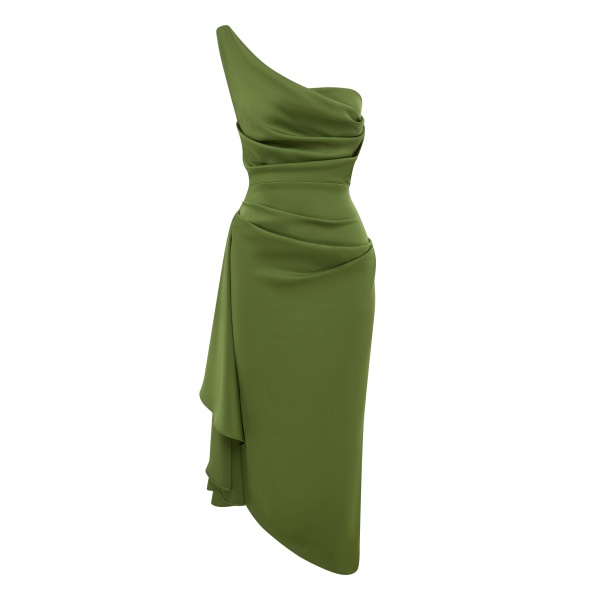 Alex Perry One Shoulder Drape Dress in Satin Crepe, Fern | Midi Dresses | Luxury Shoes 