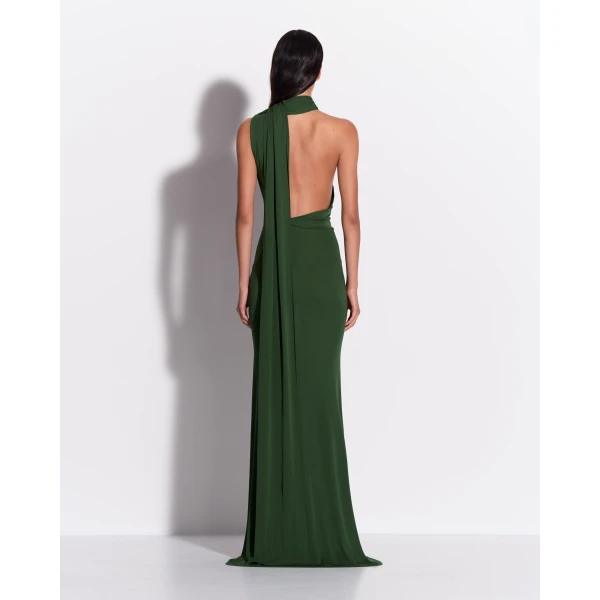 Alex Perry One Shoulder Scarf Gown in Dry Jersey, Forest Green