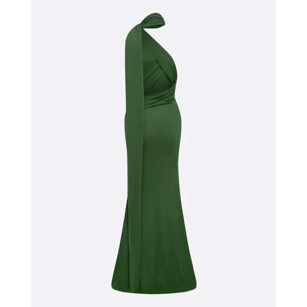 Alex Perry One Shoulder Scarf Gown in Dry Jersey, Forest Green