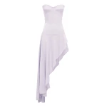 Alex Perry Strapless Cupped Longline Asymmetric Dress in Satin Crepe, Lavender | Midi Dresses | Luxury Shoes 