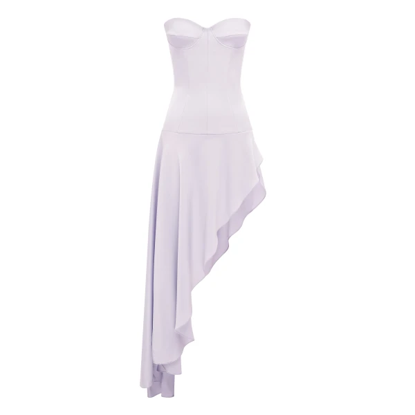 Strapless Cupped Longline Asymmetric Dress in Satin Crepe, Lavender
