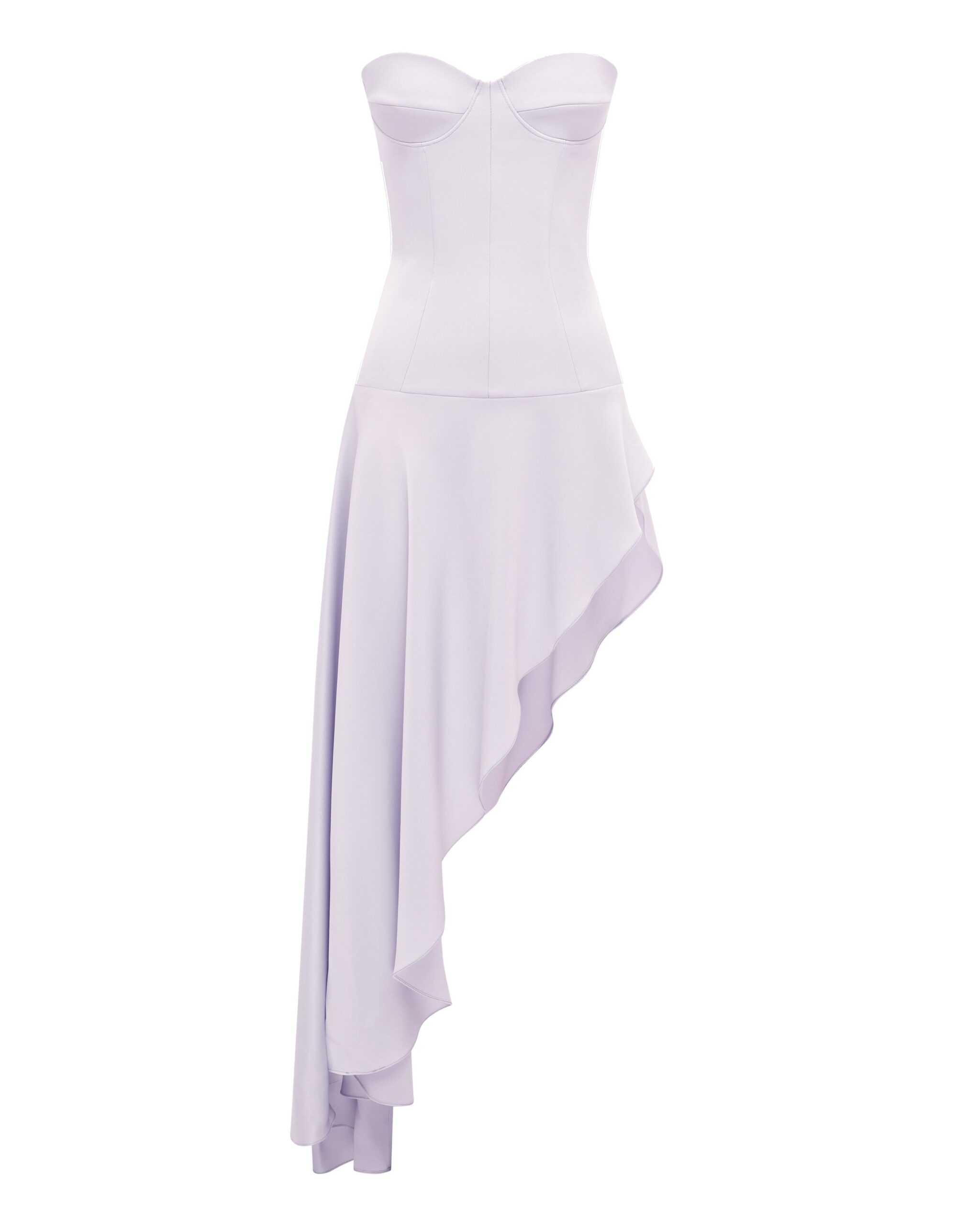 Alex Perry Strapless Cupped Longline Asymmetric Dress in Satin Crepe, Lavender Alex Perry Strapless Cupped Longline Asymmetric Dress in Satin Crepe, Lavender | Midi Dresses | Luxury Shoes