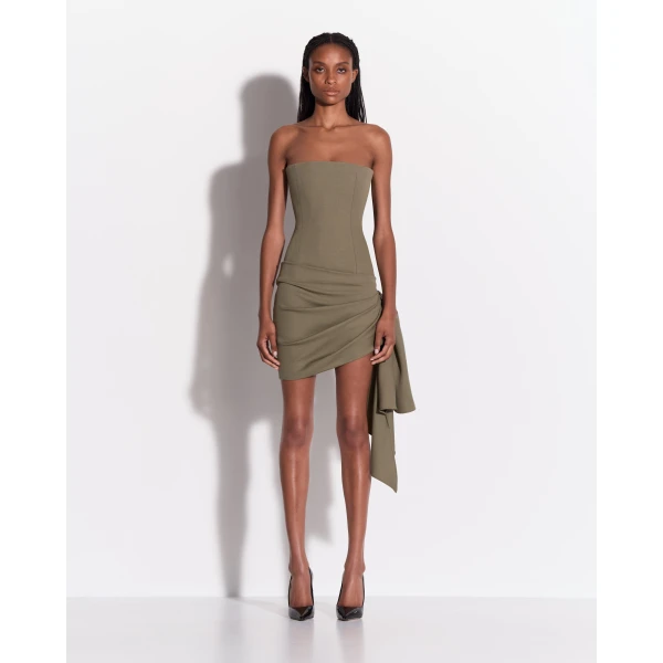 Alex Perry Strapless Drape Mini Dress in Wool Suiting, Sage