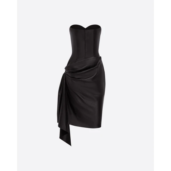 Alex Perry Strapless Sweetheart Drape Dress in Leather, Black