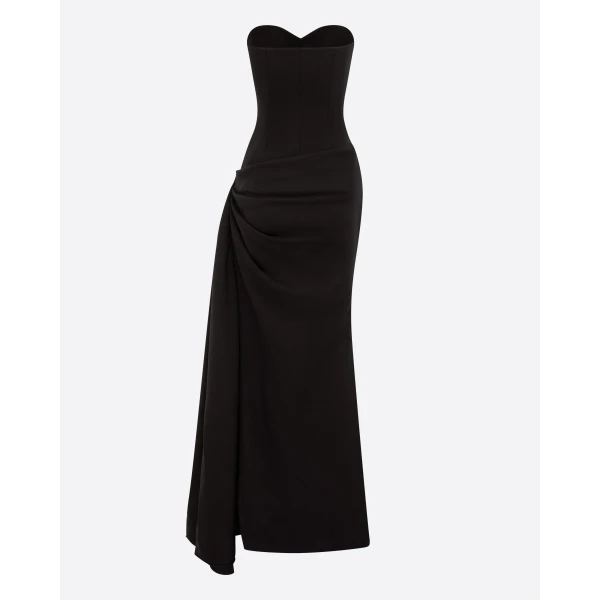 Alex Perry Strapless Sweetheart Drape Gown in Wool Suiting, Black