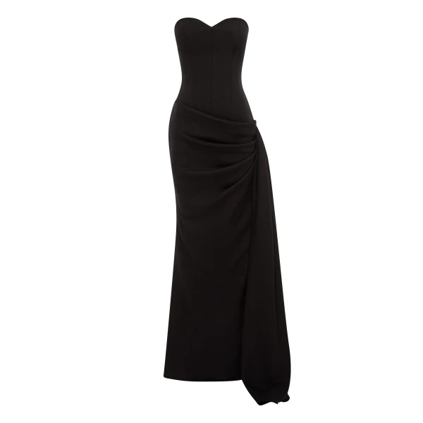 Alex Perry Strapless Sweetheart Drape Gown in Wool Suiting, Black | Evening Gowns | Luxury Shoes 