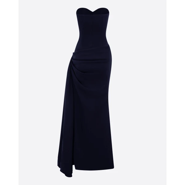 Alex Perry Strapless Sweetheart Drape Gown in Wool Suiting, Midnight