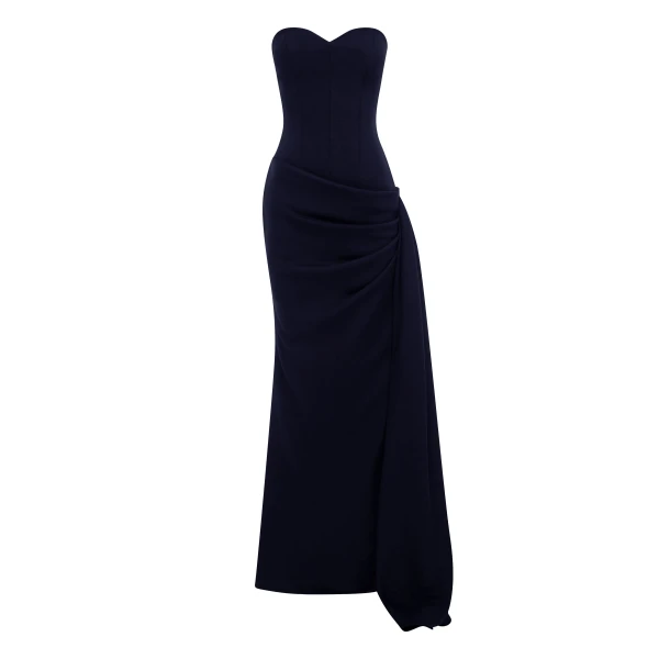 Strapless Sweetheart Drape Gown in Wool Suiting, Midnight