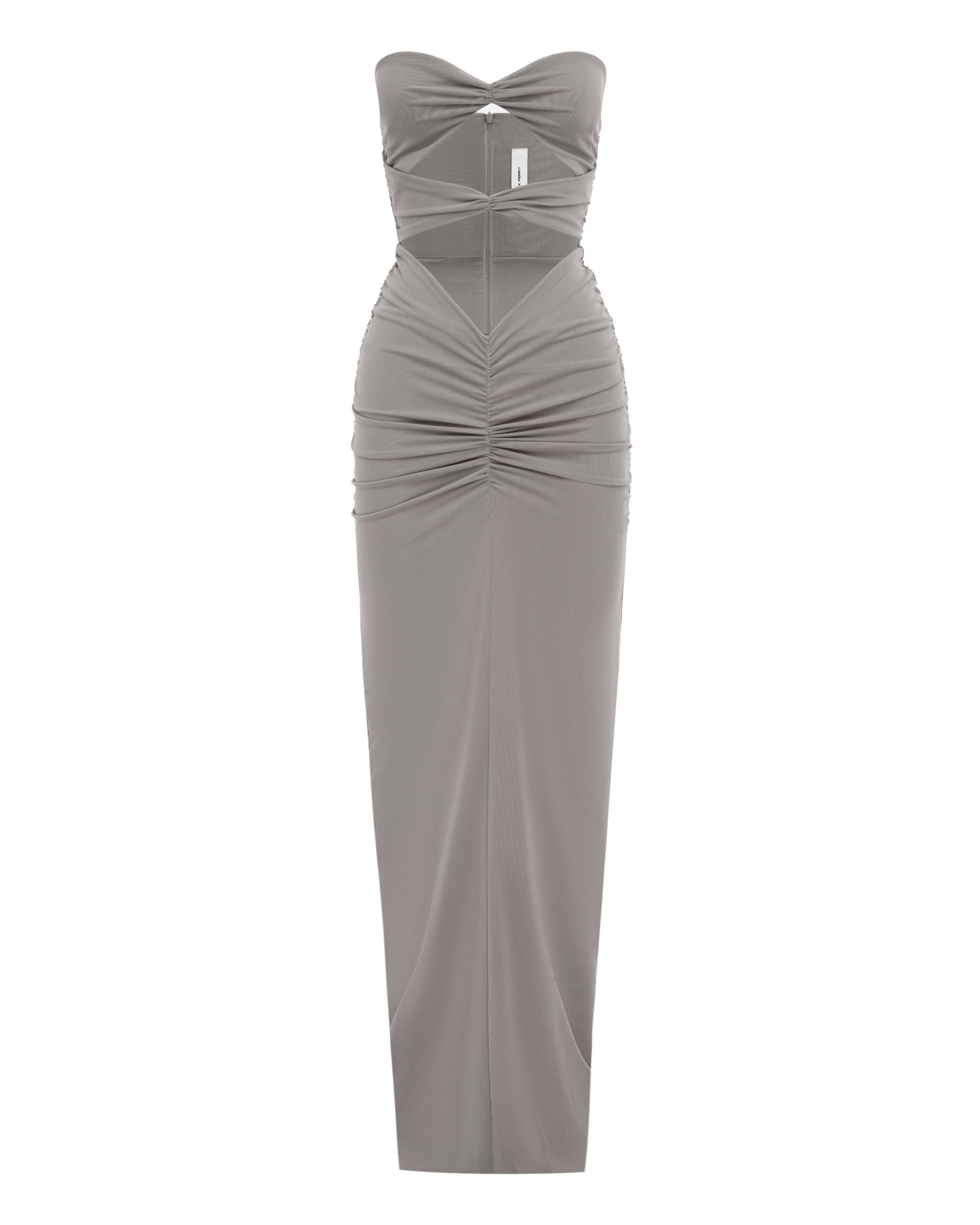 Alex Perry Strapless Sweetheart Ruched Column in Stretch Mesh, Grey Alex Perry Strapless Sweetheart Ruched Column in Stretch Mesh, Grey | Maxi Dresses | Luxury Shoes