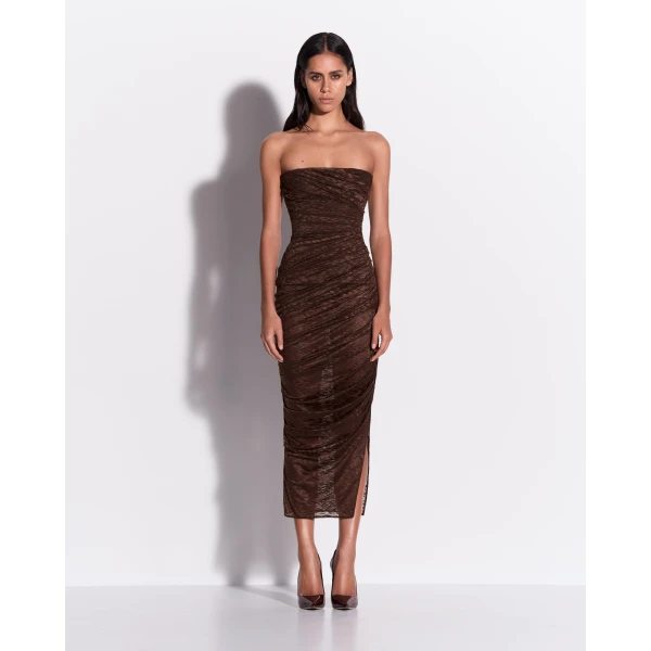 Alex Perry Strapless Tucked Dress in Leopard Lace, Brown