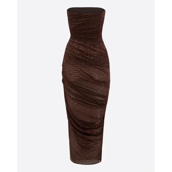 Alex Perry Strapless Tucked Dress in Leopard Lace, Brown