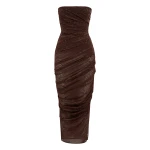 Alex Perry Strapless Tucked Dress in Leopard Lace, Brown | Midi Dresses | Luxury Shoes 