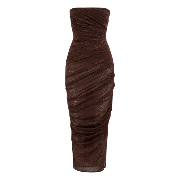 Strapless Tucked Dress in Leopard Lace, Brown