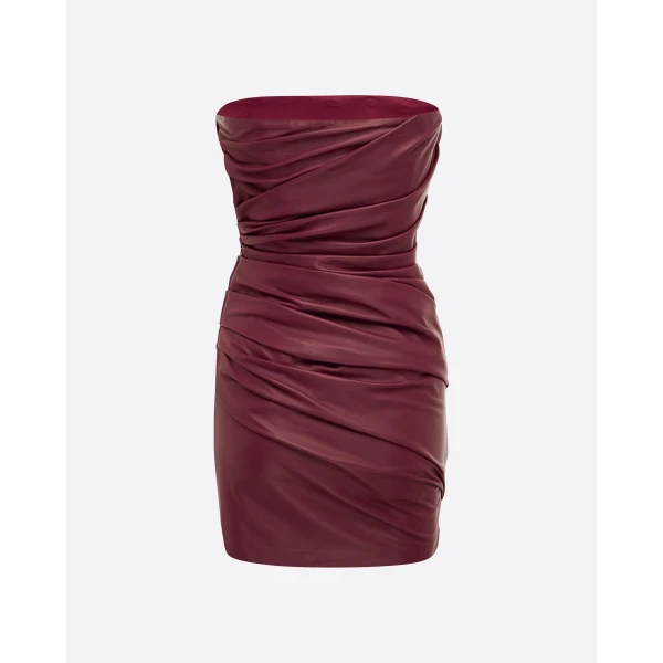 Alex Perry Strapless Tucked Mini Dress in Leather, Cherry