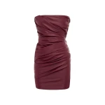 Alex Perry Strapless Tucked Mini Dress in Leather, Cherry | Mini Dresses | Luxury Shoes 