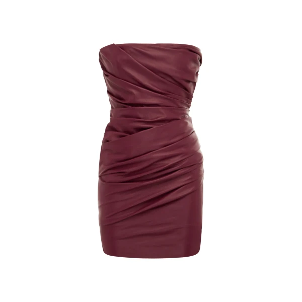 Strapless Tucked Mini Dress in Leather, Cherry