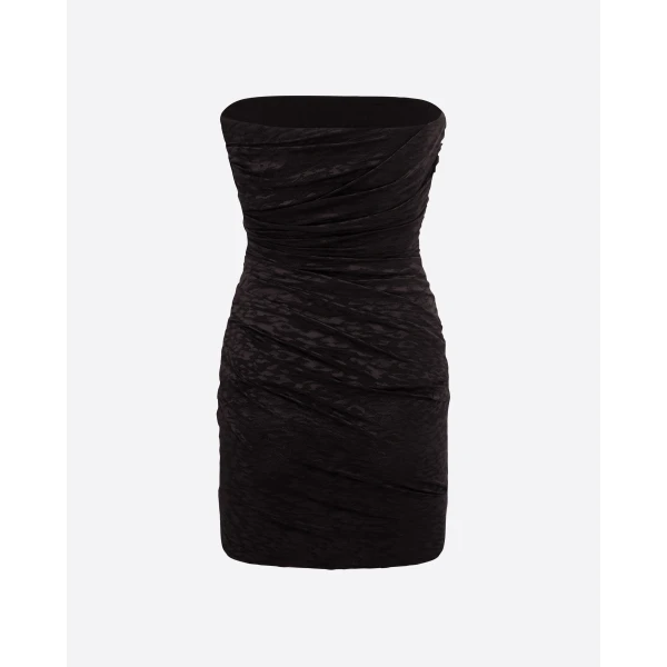 Alex Perry Strapless Tucked Mini Dress in Leopard Lace, Black