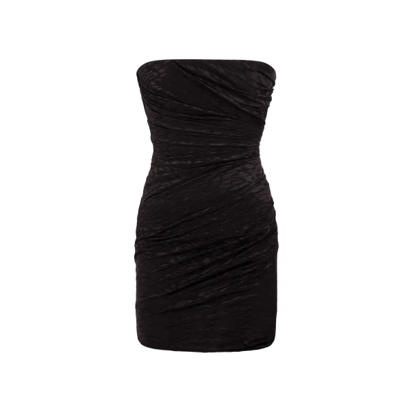 Strapless Tucked Mini Dress in Leopard Lace, Black